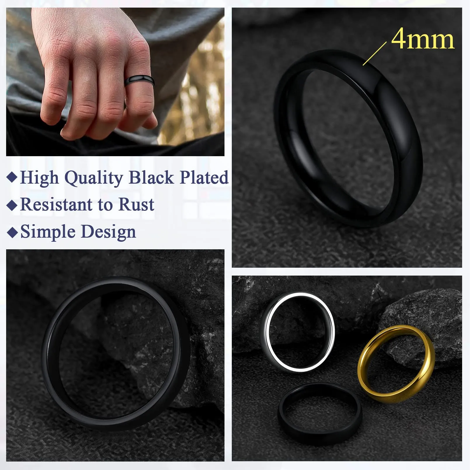 FaithHeart Anello Impilabile Classica per Uomo Donna Larghezza 2/4/6/8 MM Misure Diverse Argento Oro Nero Set di Anelli Fantasia Regalo Compleanno Coppie - immagine 5