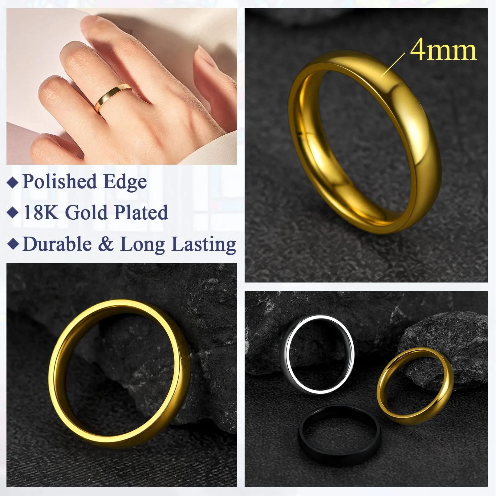 FaithHeart Anello Impilabile Classica per Uomo Donna Larghezza 2/4/6/8 MM Misure Diverse Argento Oro Nero Set di Anelli Fantasia Regalo Compleanno Coppie - immagine 5