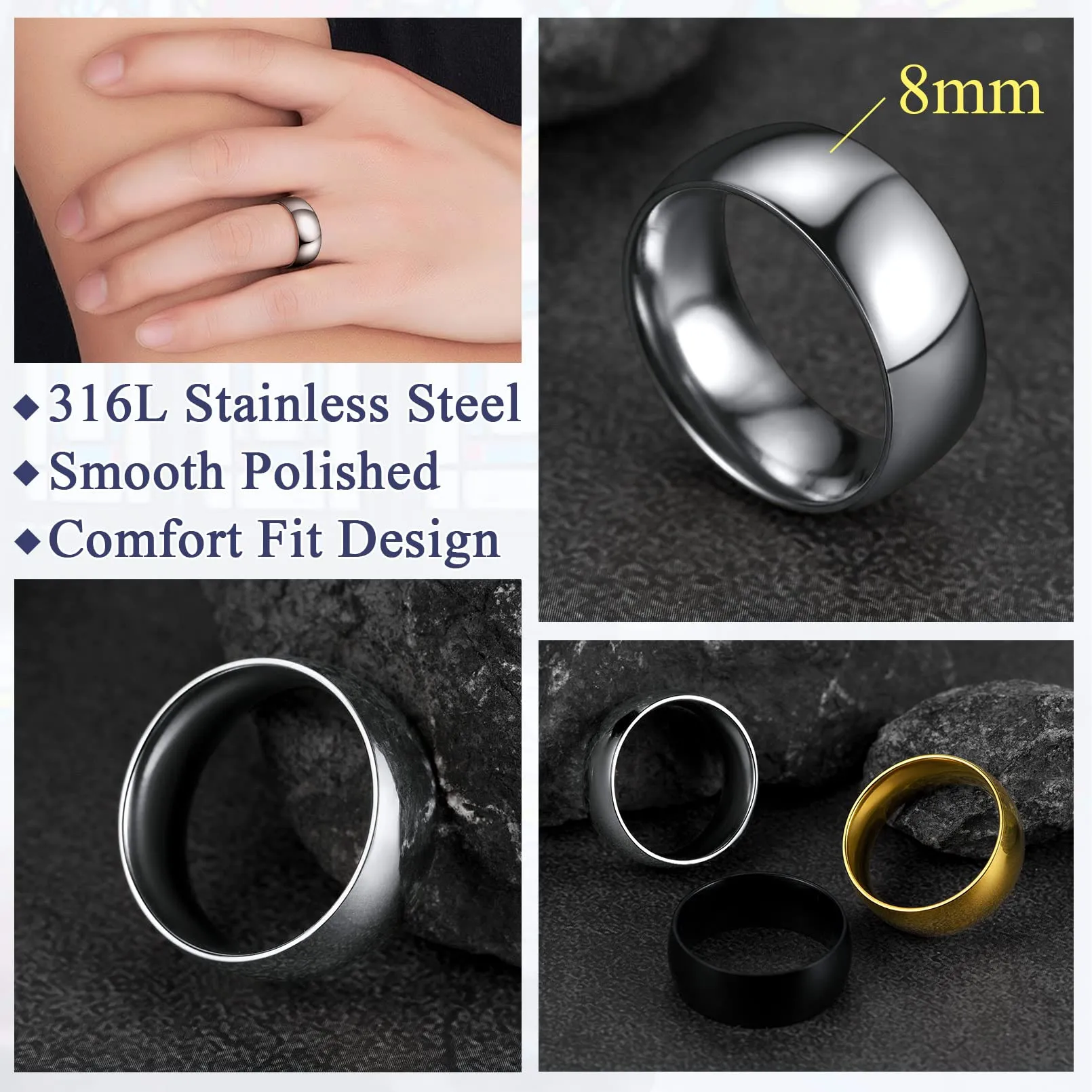 FaithHeart Anello Impilabile Classica per Uomo Donna Larghezza 2/4/6/8 MM Misure Diverse Argento Oro Nero Set di Anelli Fantasia Regalo Compleanno Coppie - immagine 5