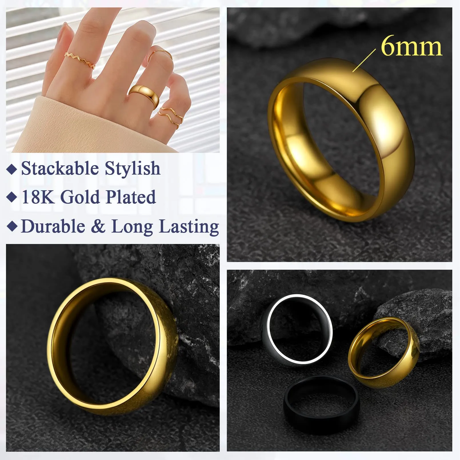 FaithHeart Anello Impilabile Classica per Uomo Donna Larghezza 2/4/6/8 MM Misure Diverse Argento Oro Nero Set di Anelli Fantasia Regalo Compleanno Coppie - immagine 5