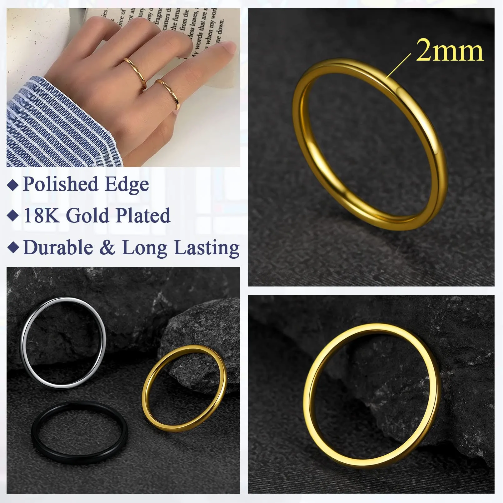 FaithHeart Anello Impilabile Classica per Uomo Donna Larghezza 2/4/6/8 MM Misure Diverse Argento Oro Nero Set di Anelli Fantasia Regalo Compleanno Coppie - immagine 5