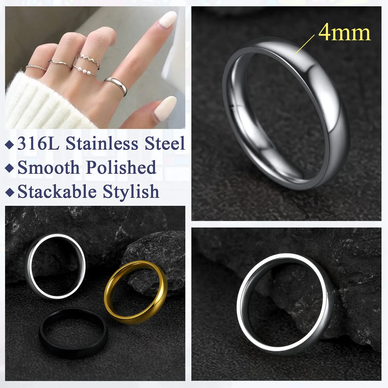 FaithHeart Anello Impilabile Classica per Uomo Donna Larghezza 2/4/6/8 MM Misure Diverse Argento Oro Nero Set di Anelli Fantasia Regalo Compleanno Coppie - immagine 5
