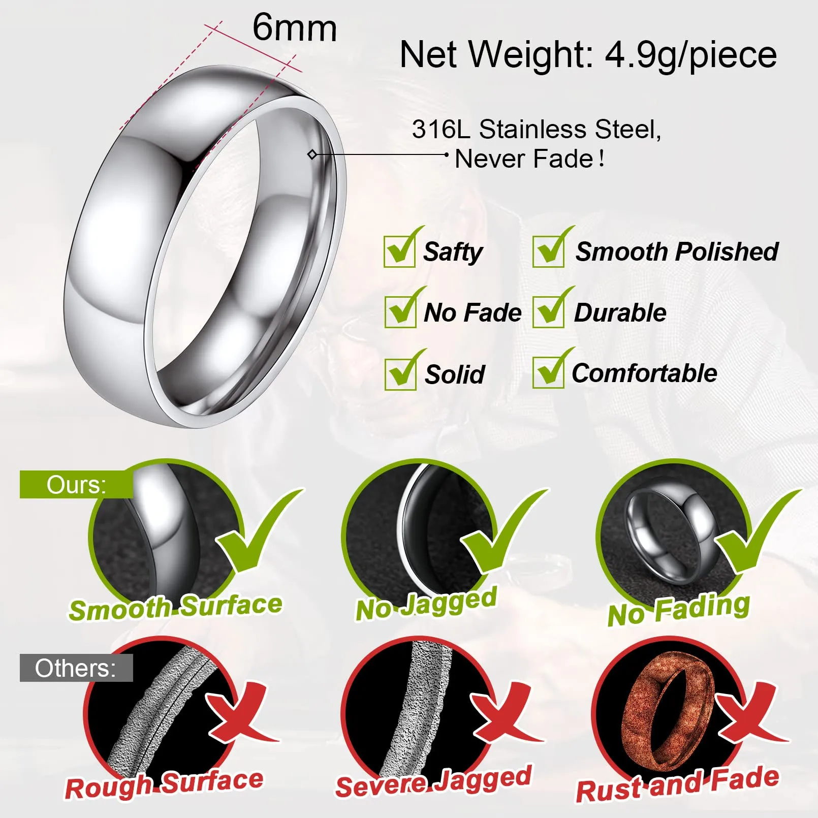 FaithHeart Anello Impilabile Classica per Uomo Donna Larghezza 2/4/6/8 MM Misure Diverse Argento Oro Nero Set di Anelli Fantasia Regalo Compleanno Coppie - immagine 3