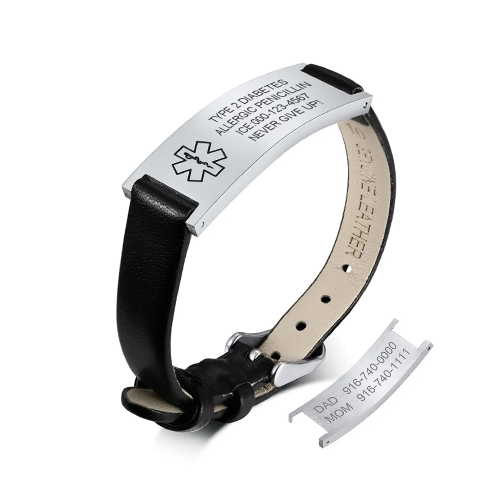Vnox Bracciale di emergenza Medical Boy Bracciale personalizzato: Bracciali identificativi in pelle personalizzati incisione Bracciale medico regolabile in acciaio inossidabile da uomo - immagine 1