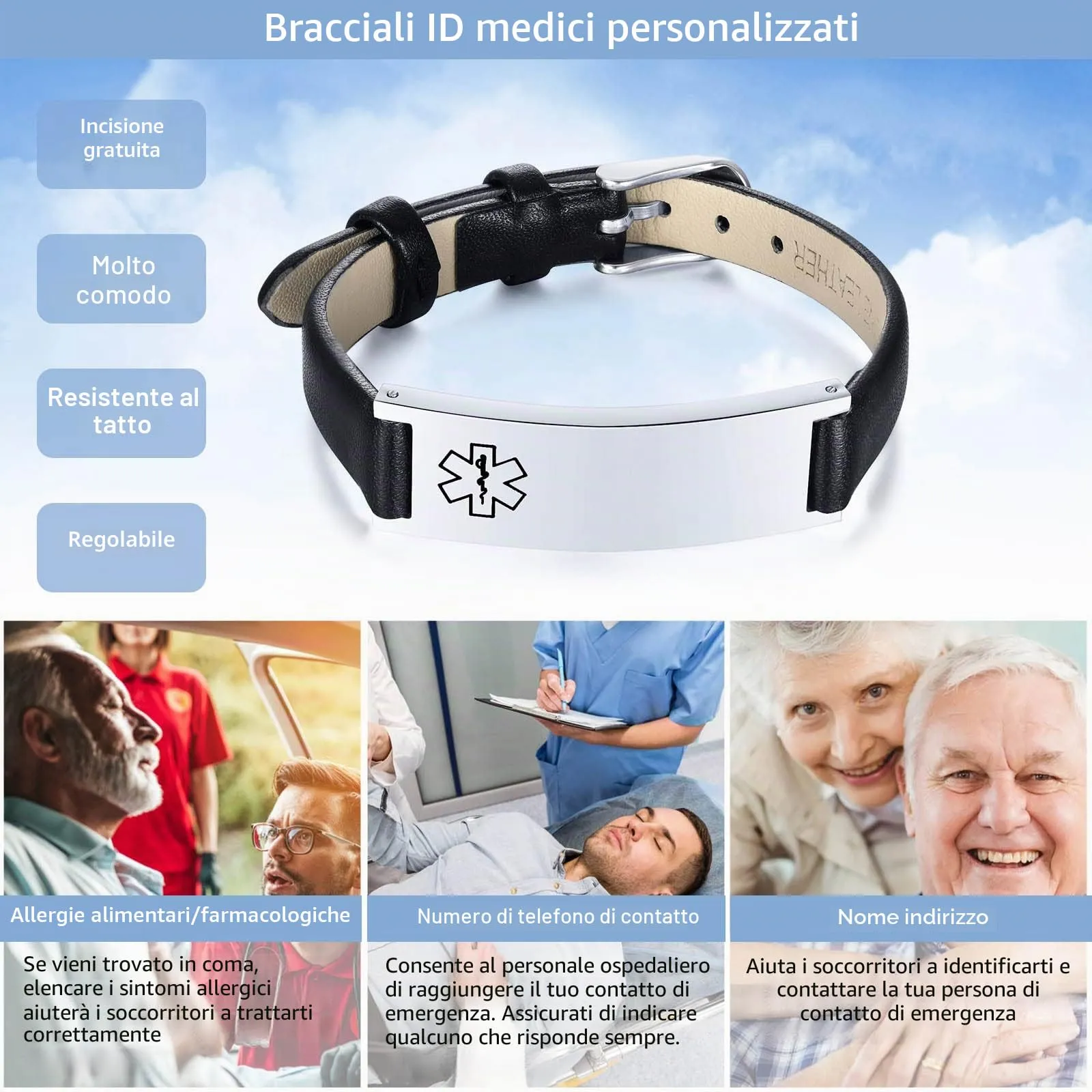 Vnox Bracciale di emergenza Medical Boy Bracciale personalizzato: Bracciali identificativi in pelle personalizzati incisione Bracciale medico regolabile in acciaio inossidabile da uomo - immagine 2