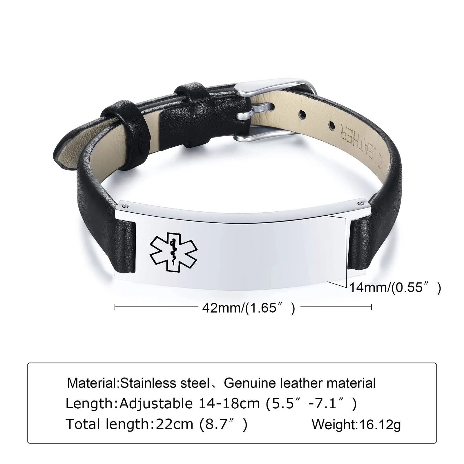 Vnox Bracciale di emergenza Medical Boy Bracciale personalizzato: Bracciali identificativi in pelle personalizzati incisione Bracciale medico regolabile in acciaio inossidabile da uomo - immagine 5