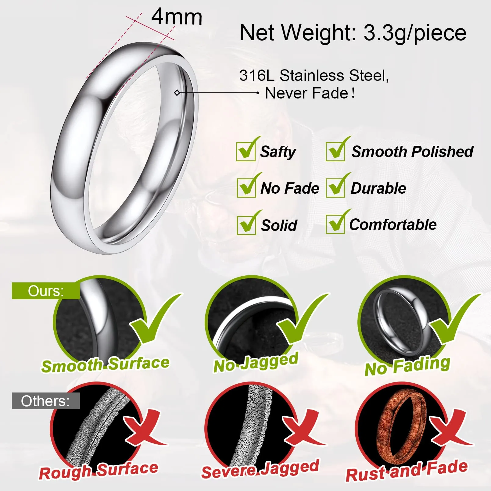 FaithHeart Anello Impilabile Classica per Uomo Donna Larghezza 2/4/6/8 MM Misure Diverse Argento Oro Nero Set di Anelli Fantasia Regalo Compleanno Coppie - immagine 3