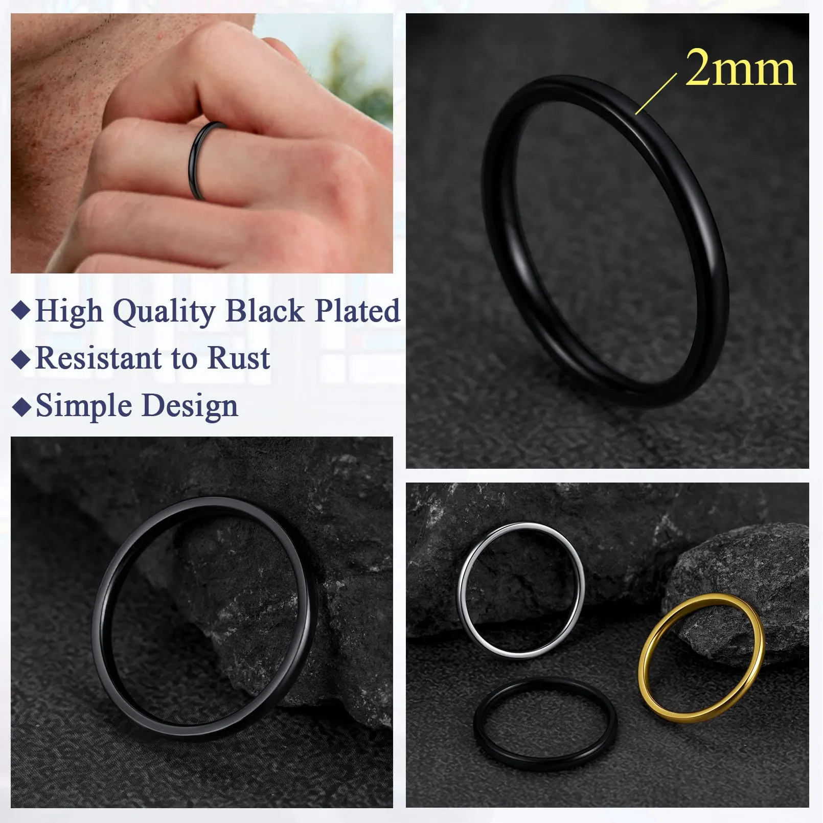 FaithHeart Anello Impilabile Classica per Uomo Donna Larghezza 2/4/6/8 MM Misure Diverse Argento Oro Nero Set di Anelli Fantasia Regalo Compleanno Coppie - immagine 5