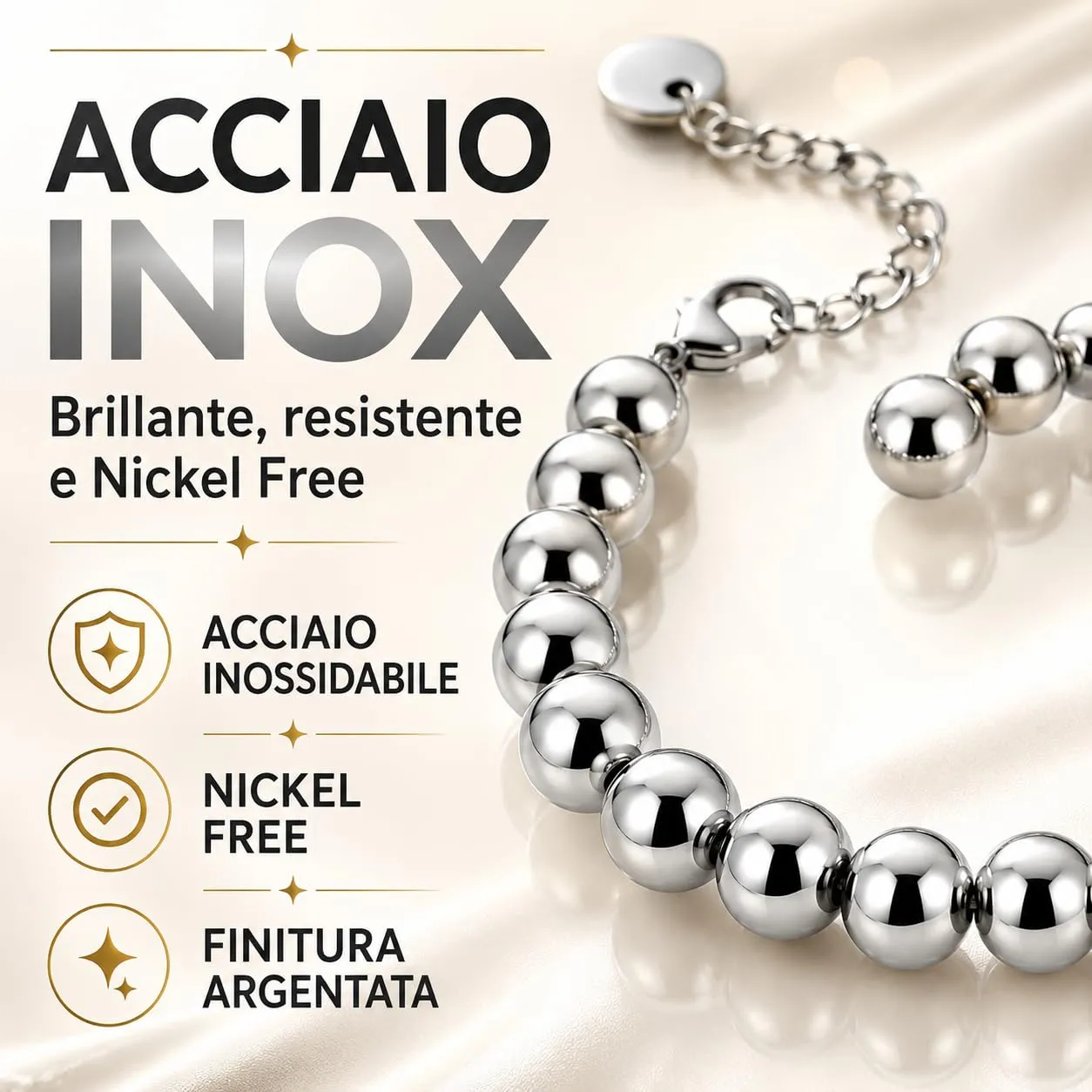 Donipreziosi Bracciale con Sfere in Acciaio Inossidabile Argentato – Braccialetto Regolabile Uomo Donna Unisex con Chiusura a Moschettone – Nickel Free con Scatola e Certificato - Sfere 8 mm - immagine 3