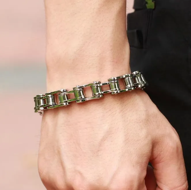 Bracciale catena bici acciaio inossidabile per uomo donna moto bicicletta colore argento braccialetto - immagine 2