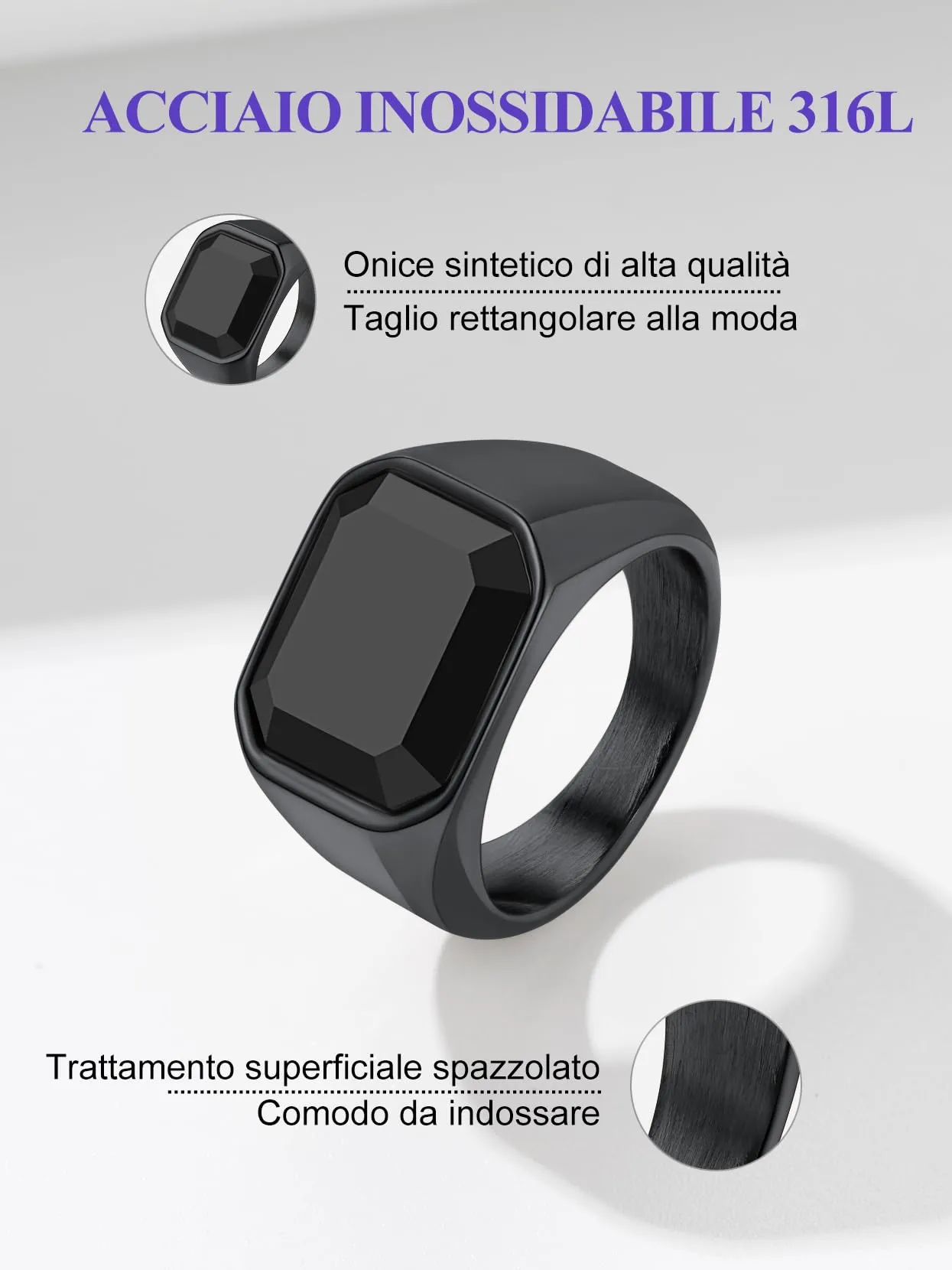 Richsteel Anello nero da uomo # 59, dito Meniscus sigillato con grande anello Onix - immagine 5
