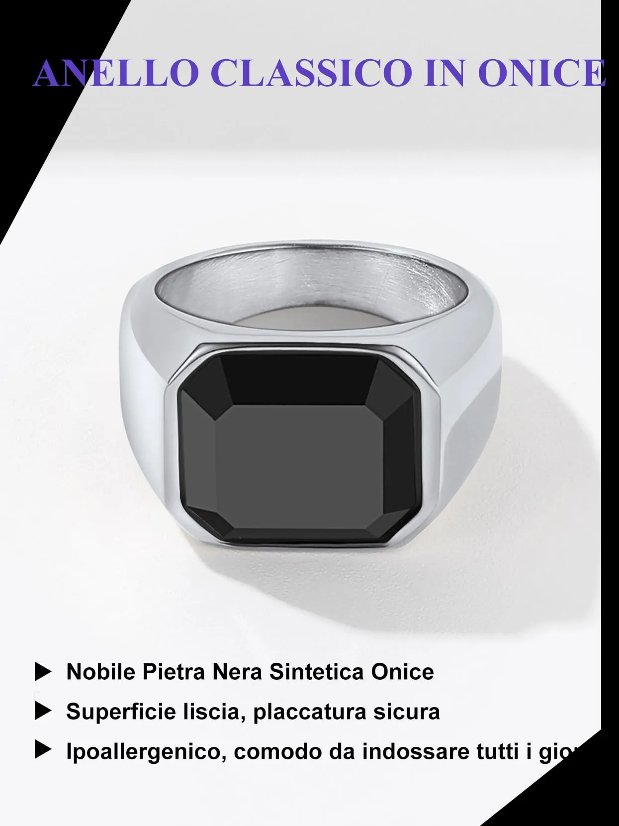 Richsteel Anello Grasso Donne Acciaio Pietra Nera, 54.4 Anello Timbro Uomo - immagine 4