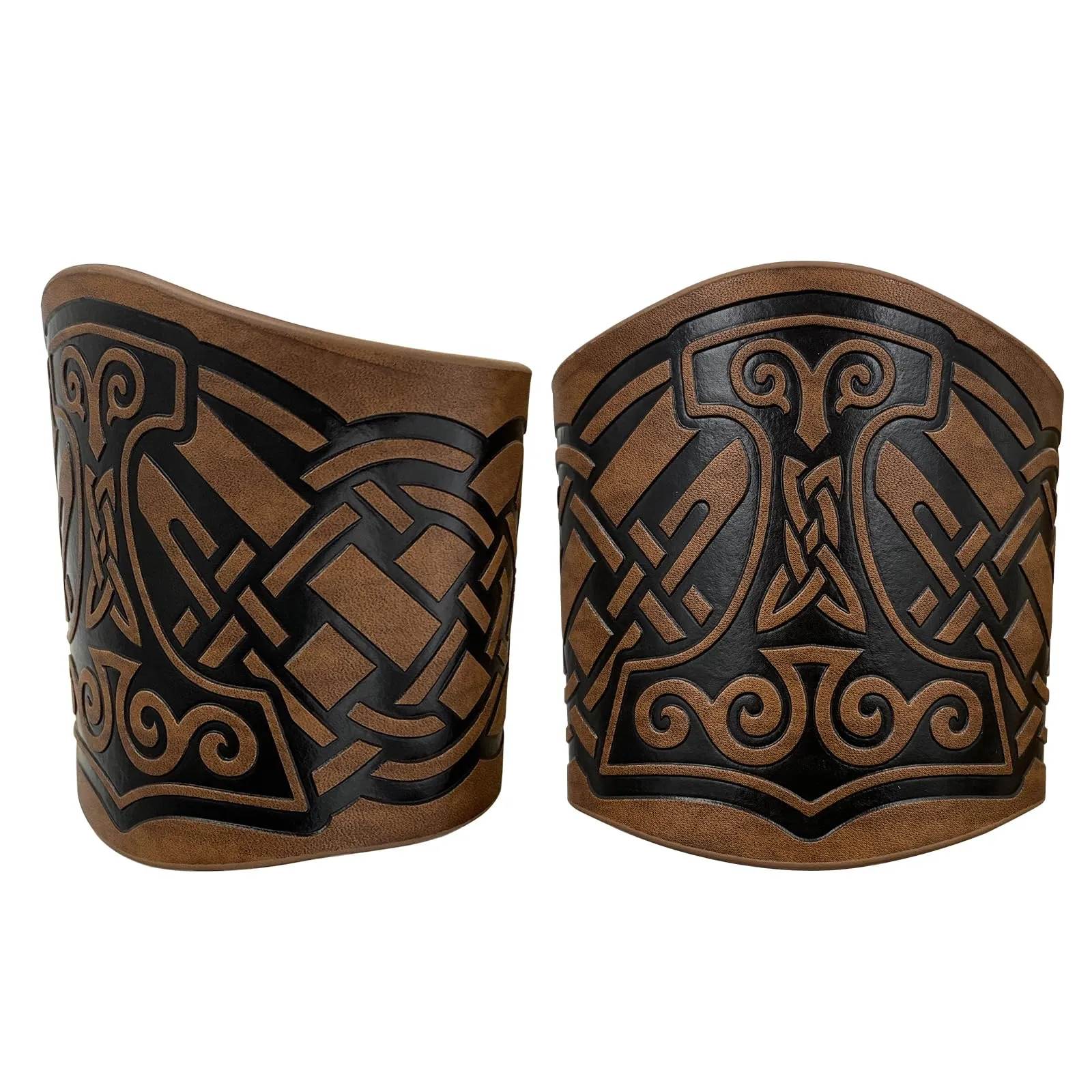 HiiFeuer Bracciale a 2 pezzi in cuoio sintetico con goffratura vichinga, Polsino retrò norreno, Bracciale nordico Mjolnir con motivo Vegvisir. (Mjolnir Marrone) - immagine 3