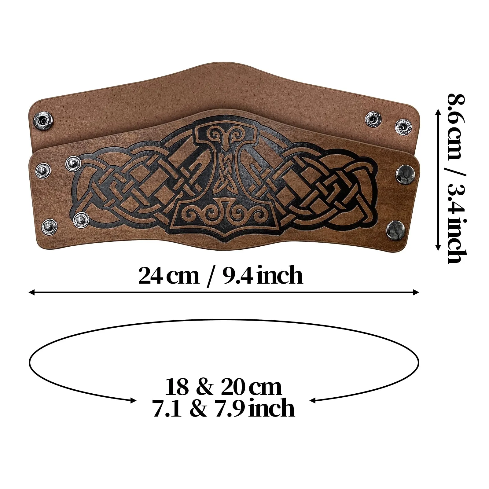 HiiFeuer Bracciale a 2 pezzi in cuoio sintetico con goffratura vichinga, Polsino retrò norreno, Bracciale nordico Mjolnir con motivo Vegvisir. (Mjolnir Marrone) - immagine 6