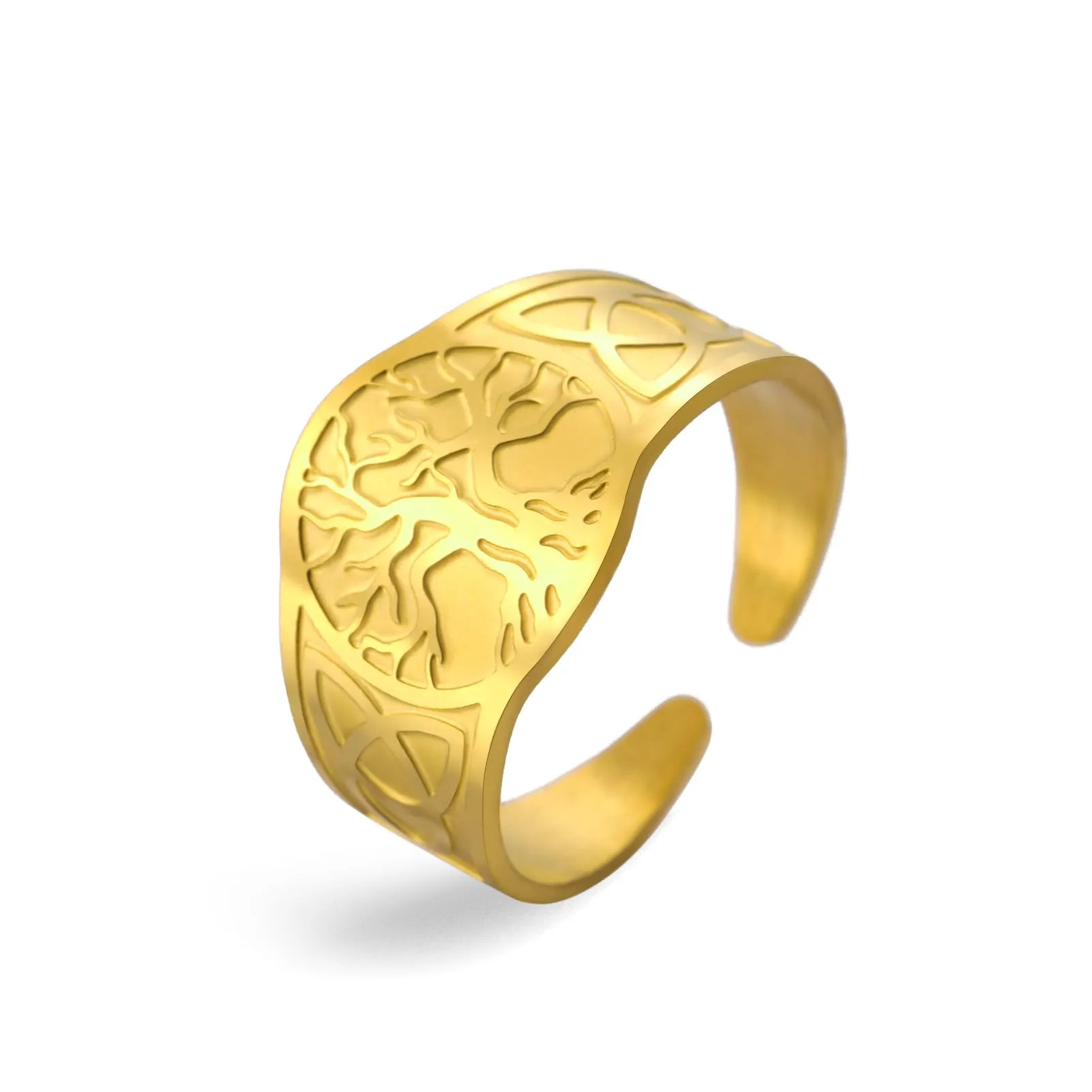 Dreamtimes Yggdrasil Albero della Vita Anello per uomo donna Anello vintage regolabile Anello in acciaio inossidabile vichingo nodo celtico (Oro) - immagine 1