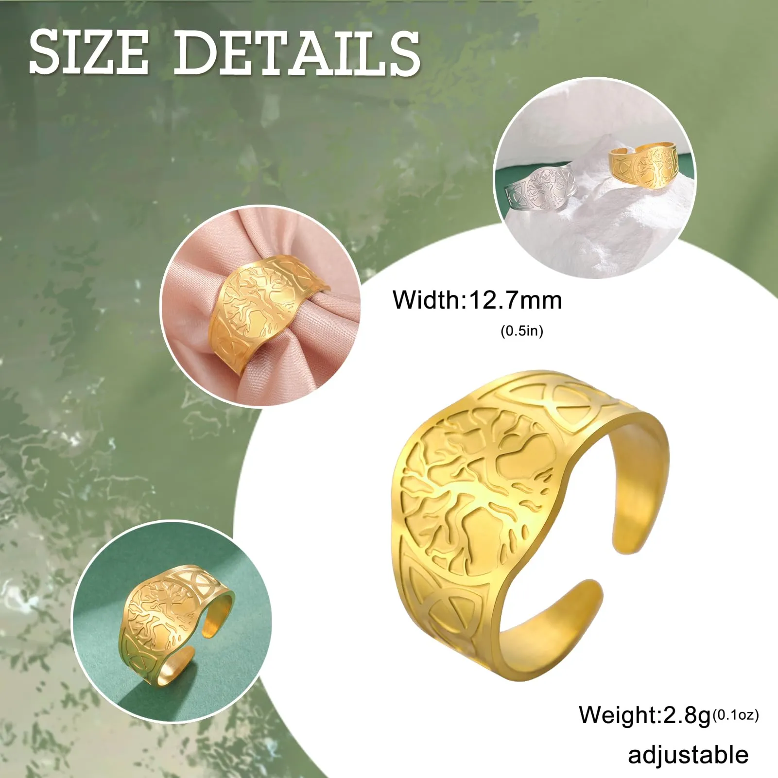 Dreamtimes Yggdrasil Albero della Vita Anello per uomo donna Anello vintage regolabile Anello in acciaio inossidabile vichingo nodo celtico (Oro) - immagine 5