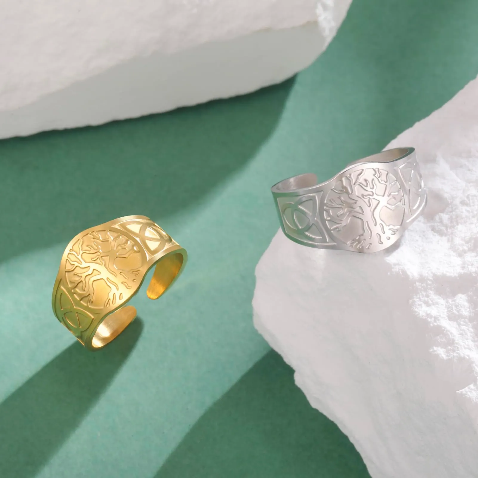 Dreamtimes Yggdrasil Albero della Vita Anello per uomo donna Anello vintage regolabile Anello in acciaio inossidabile vichingo nodo celtico (Oro) - immagine 8