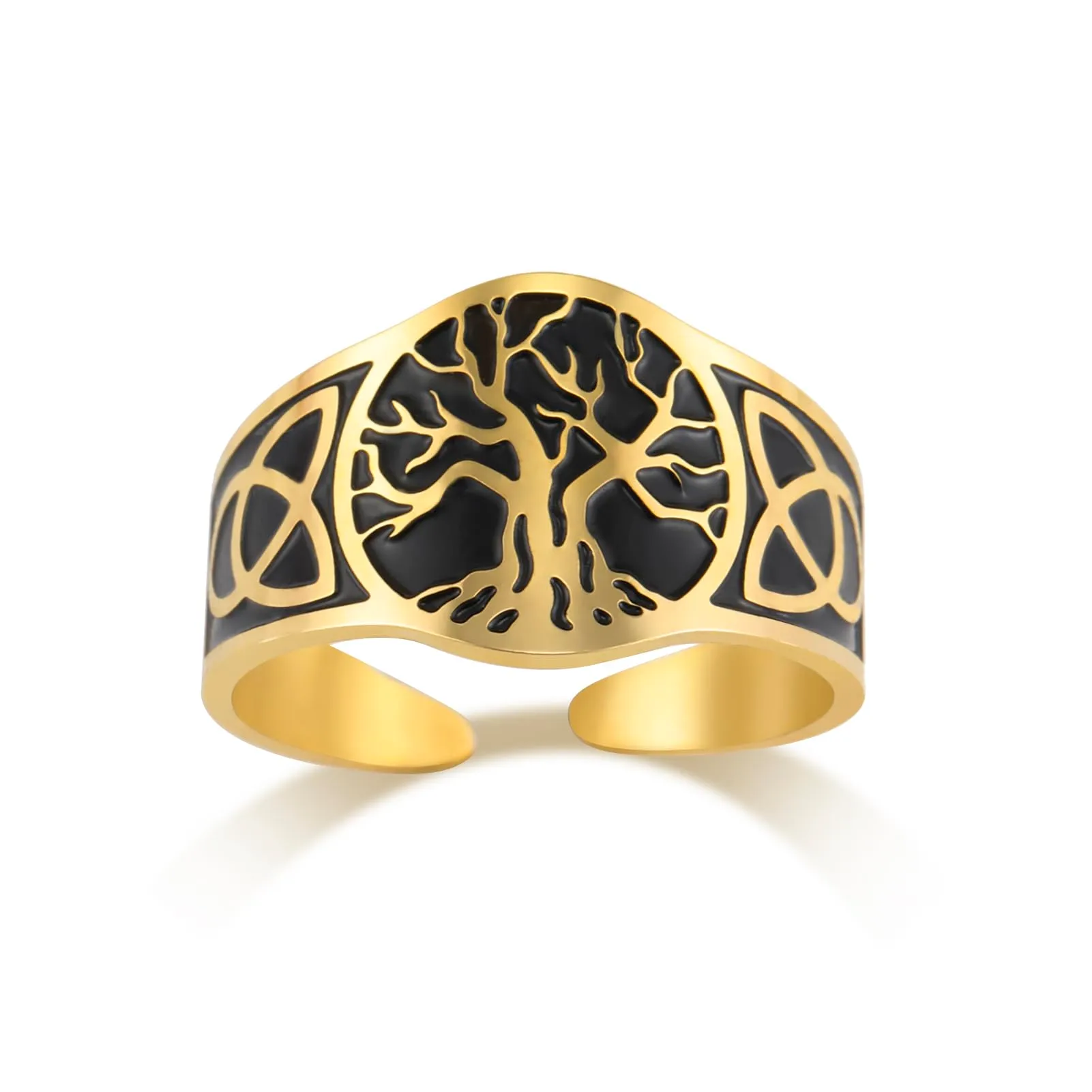 Dreamtimes Yggdrasil Albero della Vita Anello per uomo donna Anello vintage regolabile Anello in acciaio inossidabile vichingo nodo celtico (nero-Oro) - immagine 1