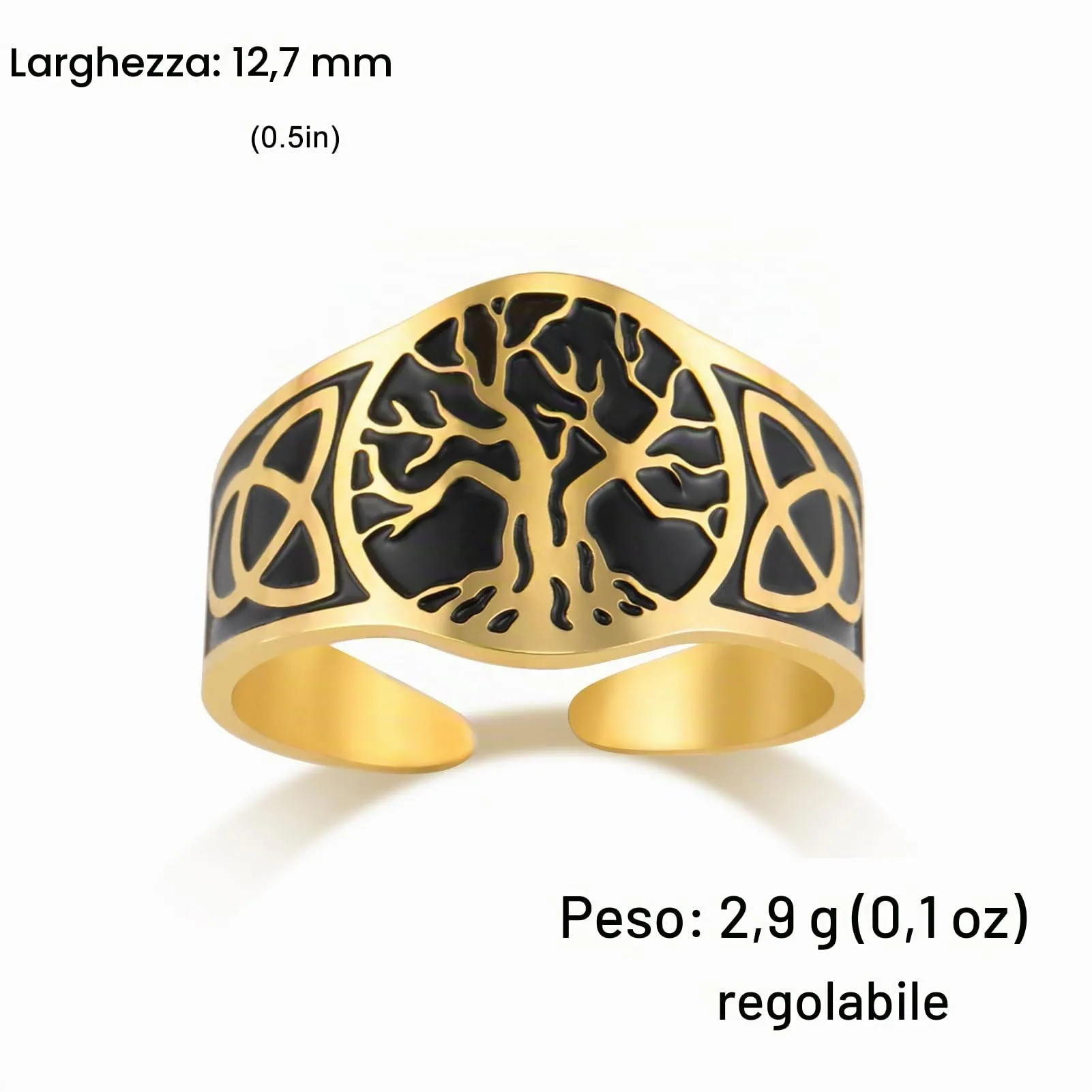 Dreamtimes Yggdrasil Albero della Vita Anello per uomo donna Anello vintage regolabile Anello in acciaio inossidabile vichingo nodo celtico (nero-Oro) - immagine 5