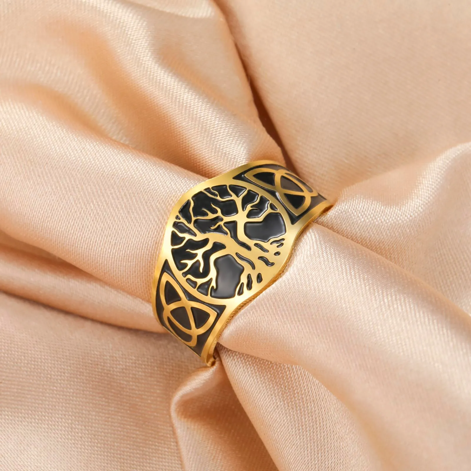 Dreamtimes Yggdrasil Albero della Vita Anello per uomo donna Anello vintage regolabile Anello in acciaio inossidabile vichingo nodo celtico (nero-Oro) - immagine 6