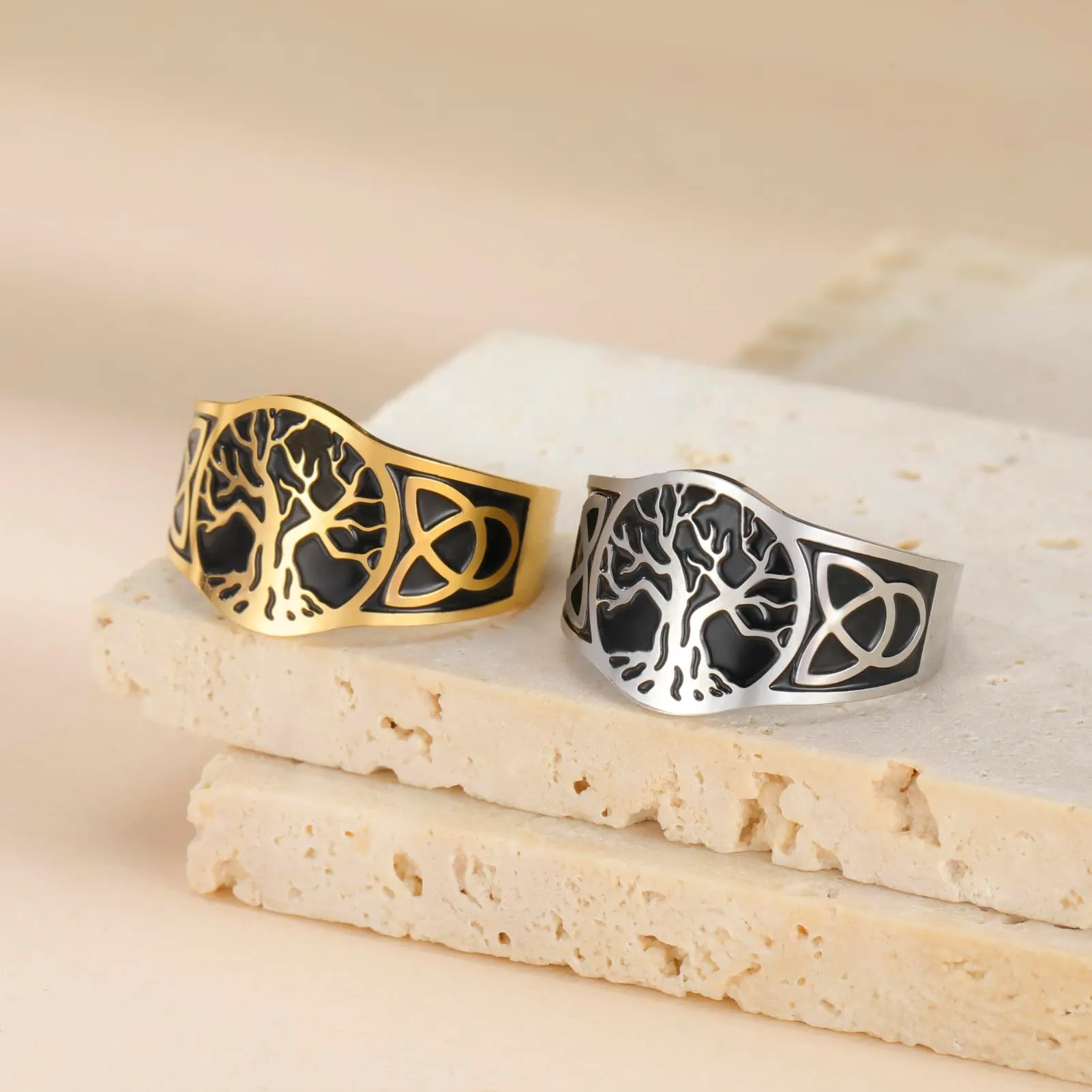 Dreamtimes Yggdrasil Albero della Vita Anello per uomo donna Anello vintage regolabile Anello in acciaio inossidabile vichingo nodo celtico (nero-Oro) - immagine 7