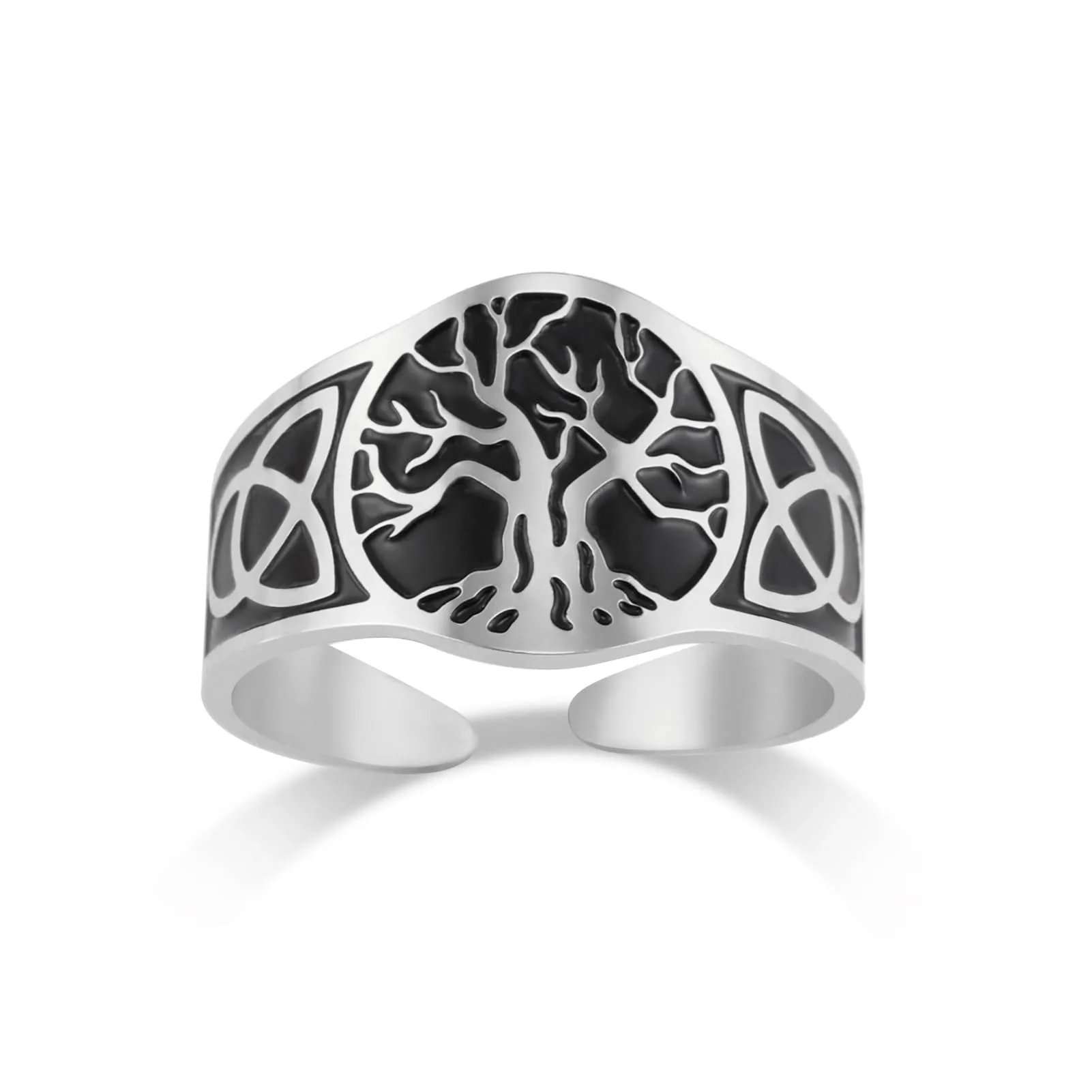 Dreamtimes Yggdrasil Albero della Vita Anello per uomo donna Anello vintage regolabile Anello in acciaio inossidabile vichingo nodo celtico (nero-argento) - immagine 1