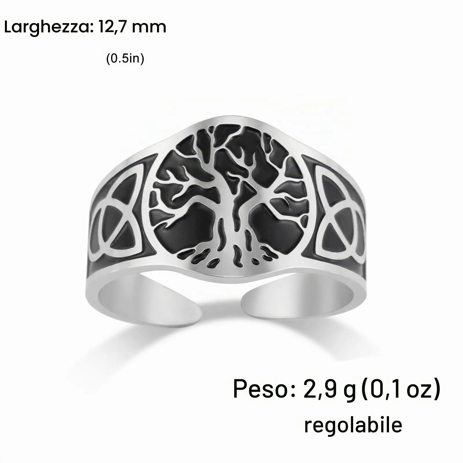 Dreamtimes Yggdrasil Albero della Vita Anello per uomo donna Anello vintage regolabile Anello in acciaio inossidabile vichingo nodo celtico (nero-argento) - immagine 5