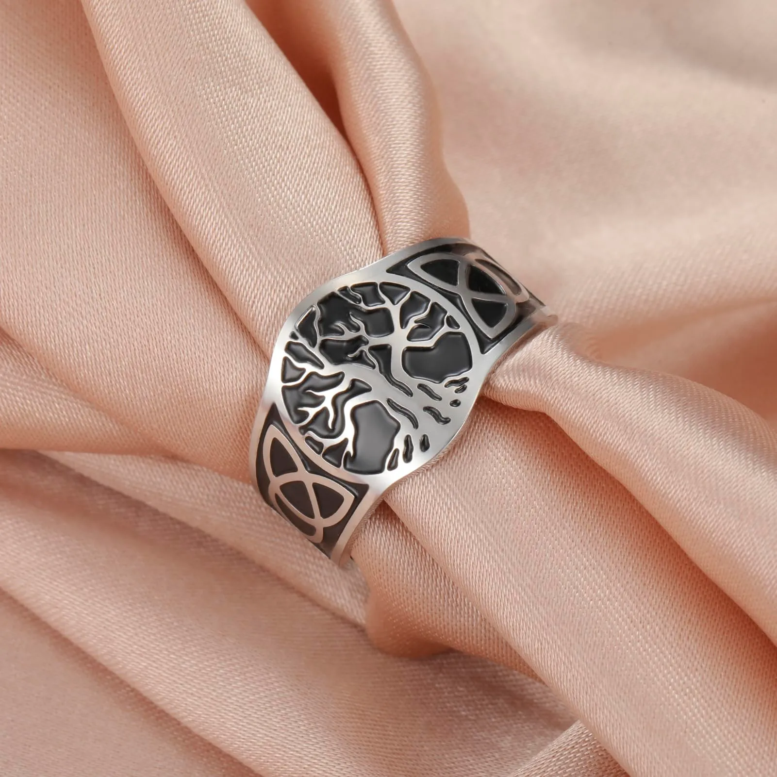 Dreamtimes Yggdrasil Albero della Vita Anello per uomo donna Anello vintage regolabile Anello in acciaio inossidabile vichingo nodo celtico (nero-argento) - immagine 6