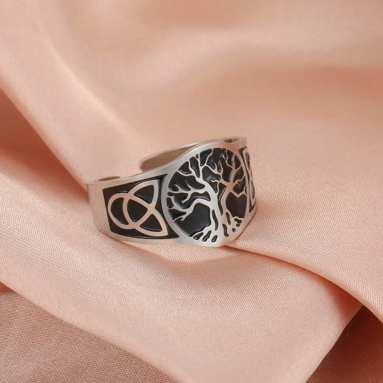Dreamtimes Yggdrasil Albero della Vita Anello per uomo donna Anello vintage regolabile Anello in acciaio inossidabile vichingo nodo celtico (nero-argento) - immagine 8