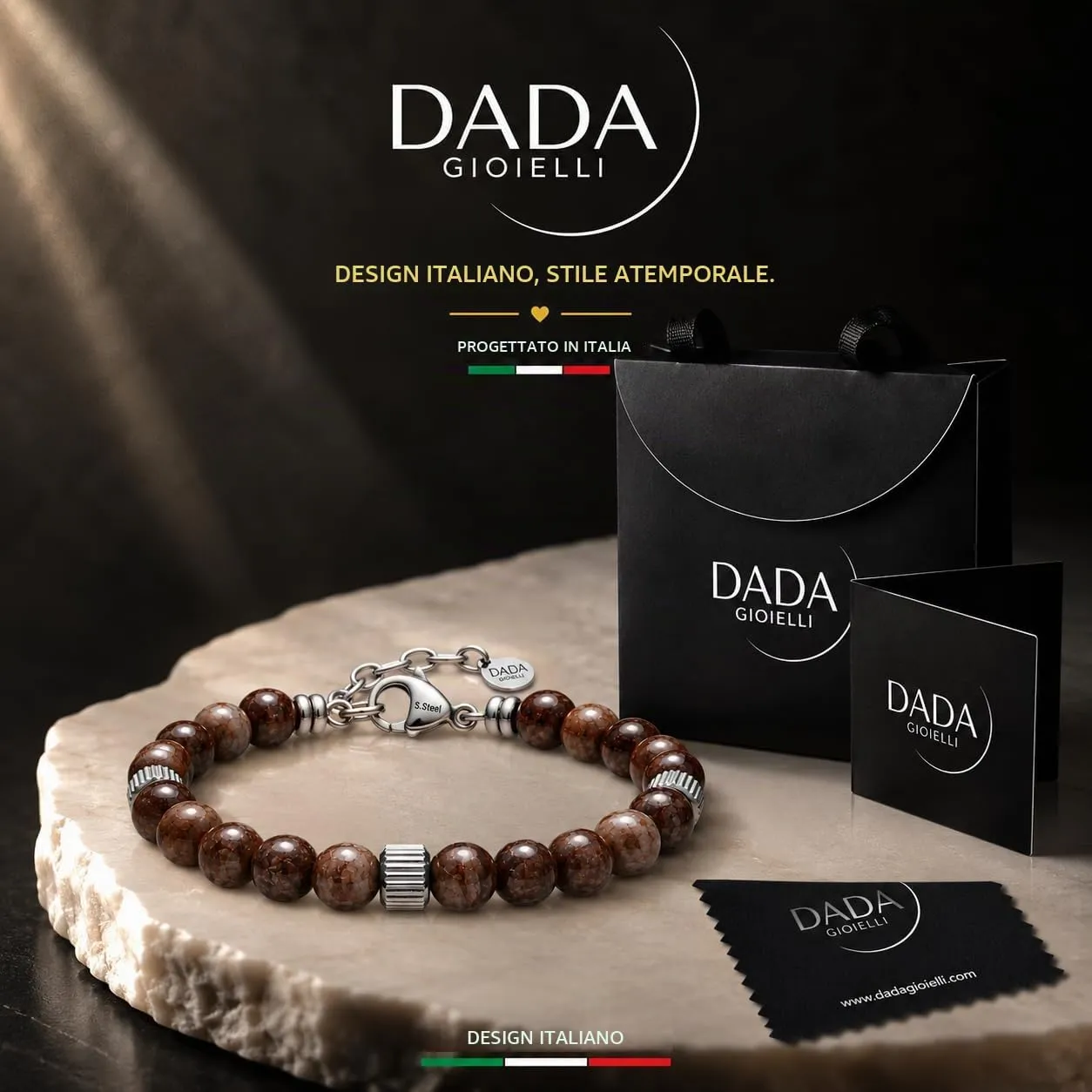 Dada Gioielli - Bracciale Uomo resistente, Beads Acciaio con Pietre Naturali 6mm Onice, Turchese, Sodalite, Occhio Di Tigre, Agata Muschiata, Ossidiana Rossa, Ossidiana Nera (Ossidiana Rossa) - immagine 3