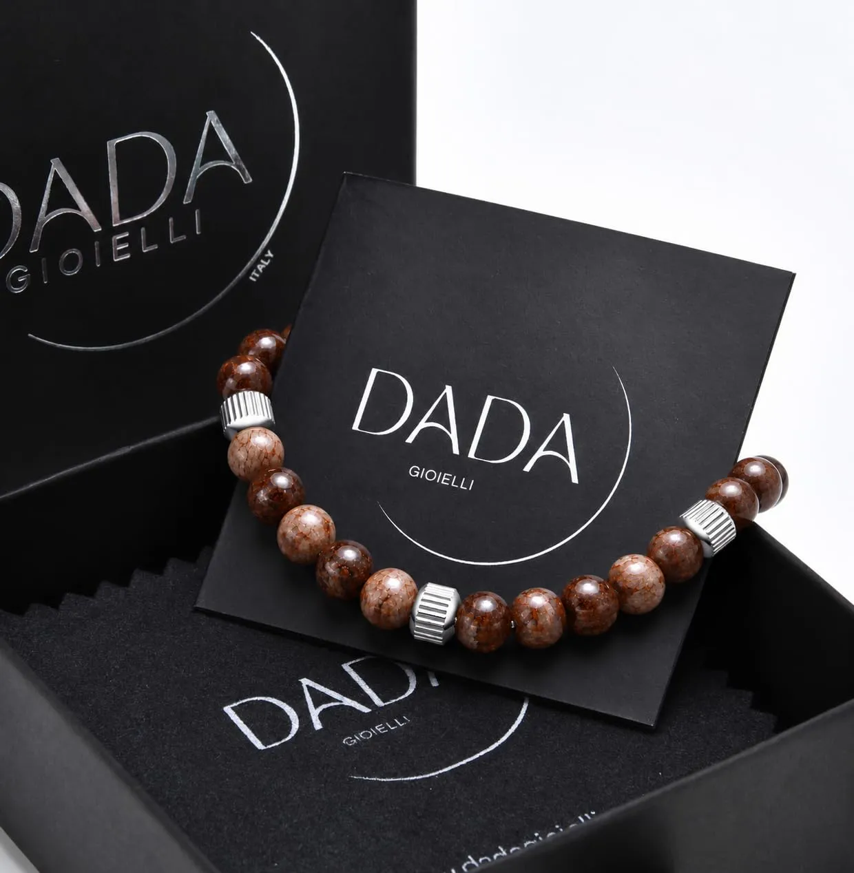 Dada Gioielli - Bracciale Uomo resistente, Beads Acciaio con Pietre Naturali 6mm Onice, Turchese, Sodalite, Occhio Di Tigre, Agata Muschiata, Ossidiana Rossa, Ossidiana Nera (Ossidiana Rossa) - immagine 5