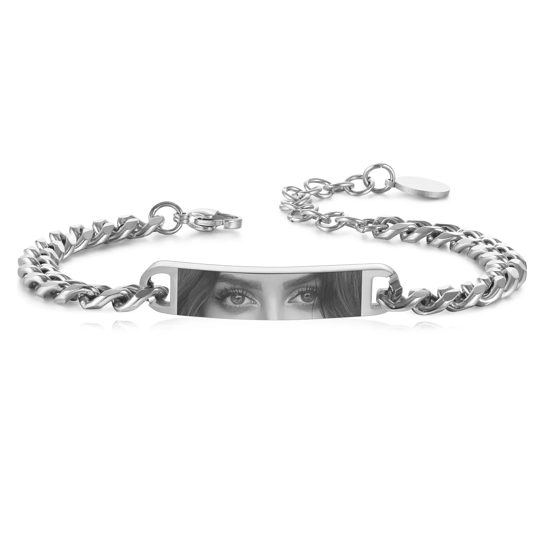 MeMeDIY Bracciale Uomo con Foto Occhi Personalizzata Braccialetto Acciaio Inossidabile Regolabile con Incisione Foto/Nome/Testo Regalo Personalizzati per Marito Fidanzato Coppia Anniversario - Argento - immagine 1