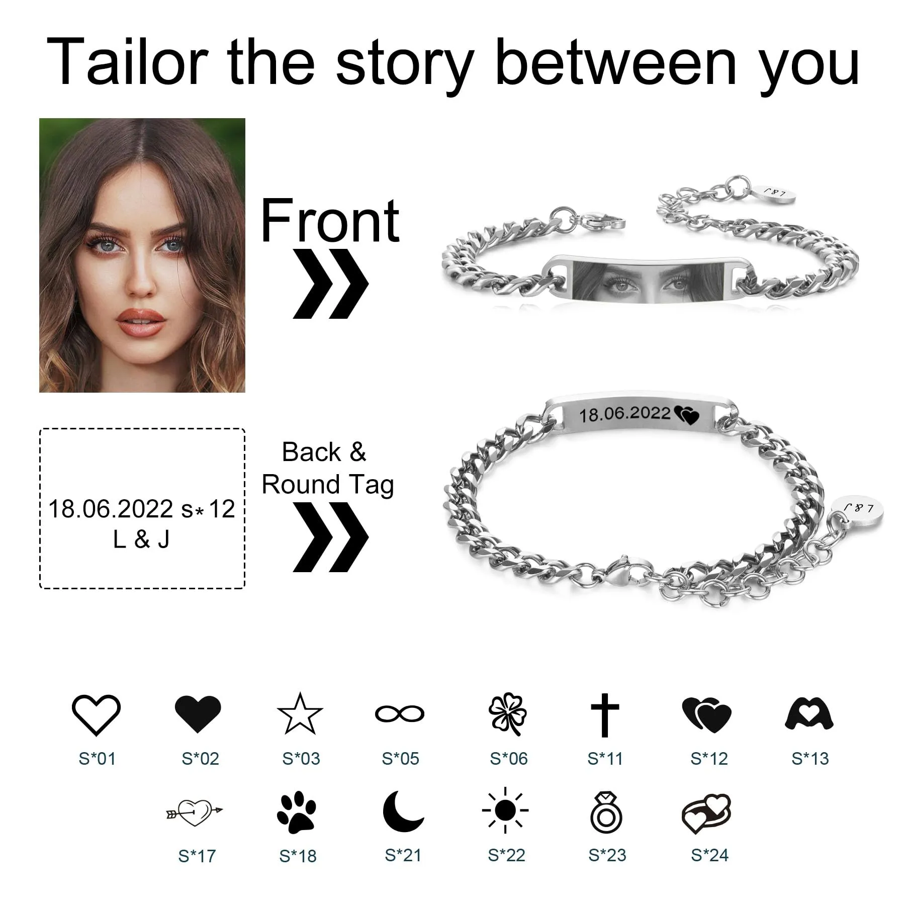 MeMeDIY Bracciale Uomo con Foto Occhi Personalizzata Braccialetto Acciaio Inossidabile Regolabile con Incisione Foto/Nome/Testo Regalo Personalizzati per Marito Fidanzato Coppia Anniversario - Argento - immagine 2