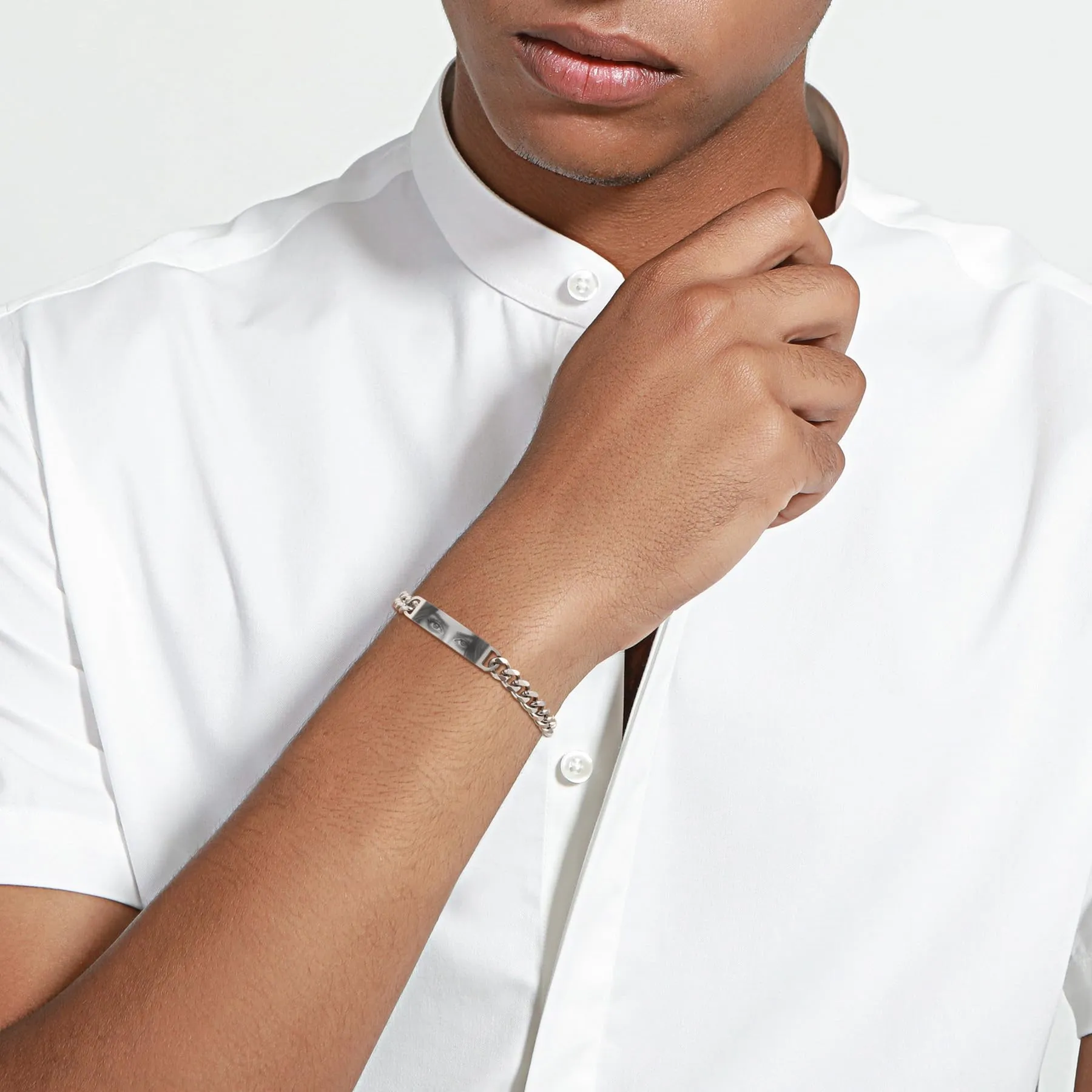 MeMeDIY Bracciale Uomo con Foto Occhi Personalizzata Braccialetto Acciaio Inossidabile Regolabile con Incisione Foto/Nome/Testo Regalo Personalizzati per Marito Fidanzato Coppia Anniversario - Argento - immagine 3