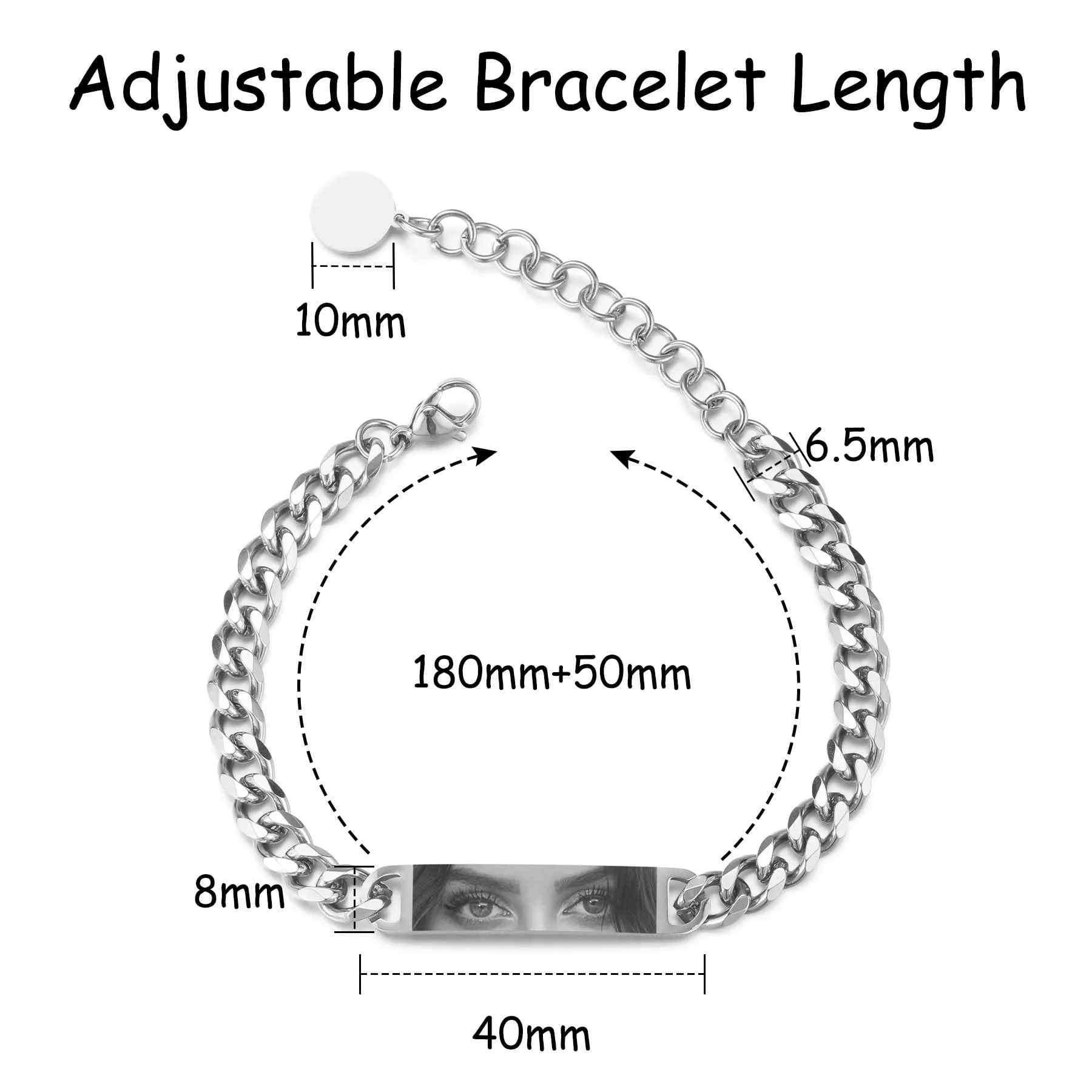 MeMeDIY Bracciale Uomo con Foto Occhi Personalizzata Braccialetto Acciaio Inossidabile Regolabile con Incisione Foto/Nome/Testo Regalo Personalizzati per Marito Fidanzato Coppia Anniversario - Argento - immagine 6