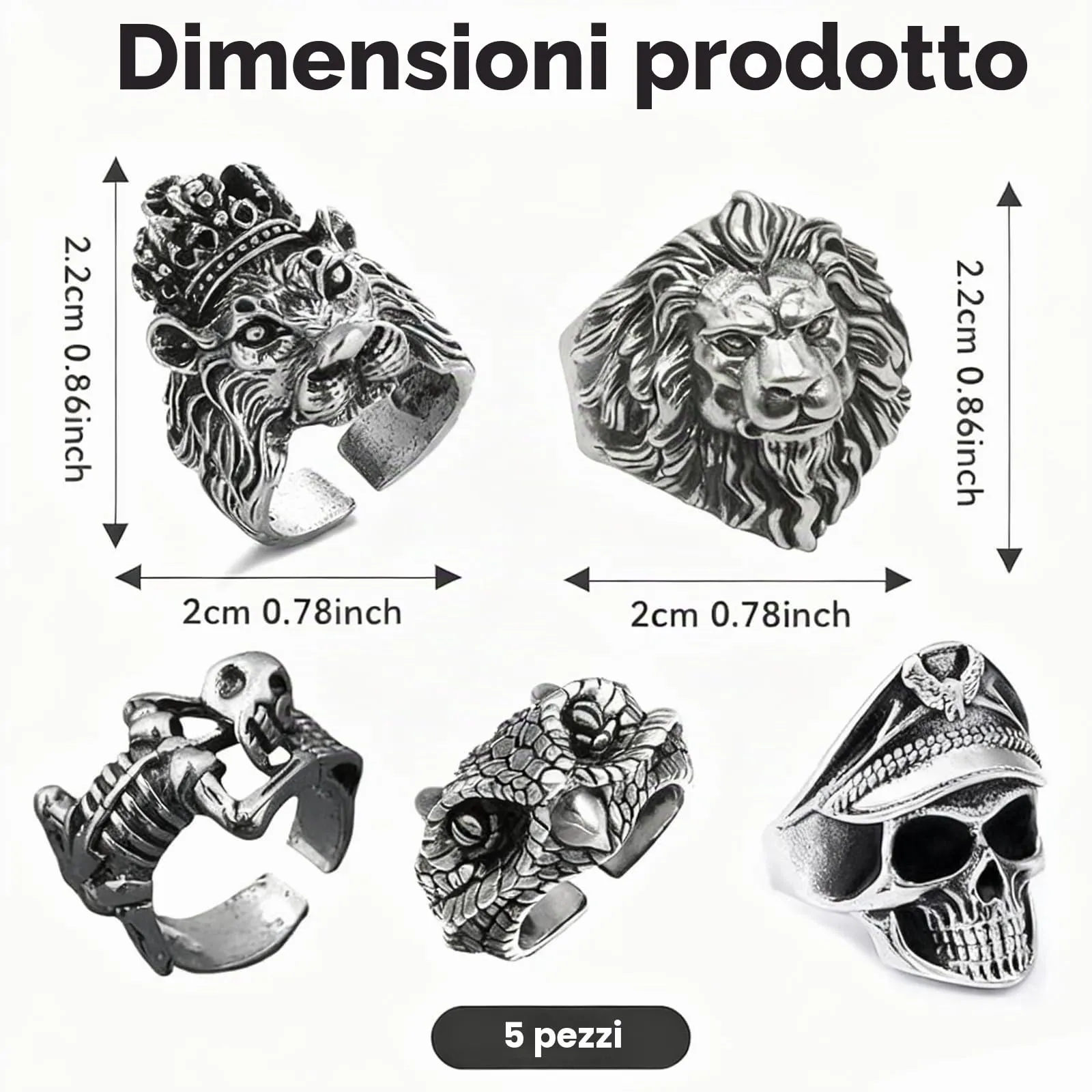 LIUYIDM 5 Pezzi Anelli Uomo, Regolabili Teschio Anelli, Acciaio Inossidabile Vintage Gotico Teschio Anello, Punk Hip Hop Skull Halloween Anello per Halloween e Feste a Tema（A - immagine 2