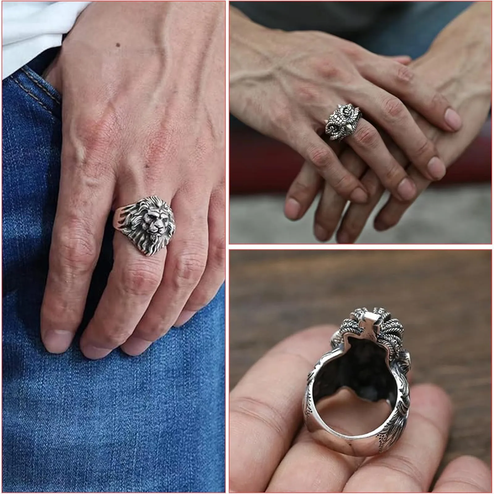 LIUYIDM 5 Pezzi Anelli Uomo, Regolabili Teschio Anelli, Acciaio Inossidabile Vintage Gotico Teschio Anello, Punk Hip Hop Skull Halloween Anello per Halloween e Feste a Tema（A - immagine 7