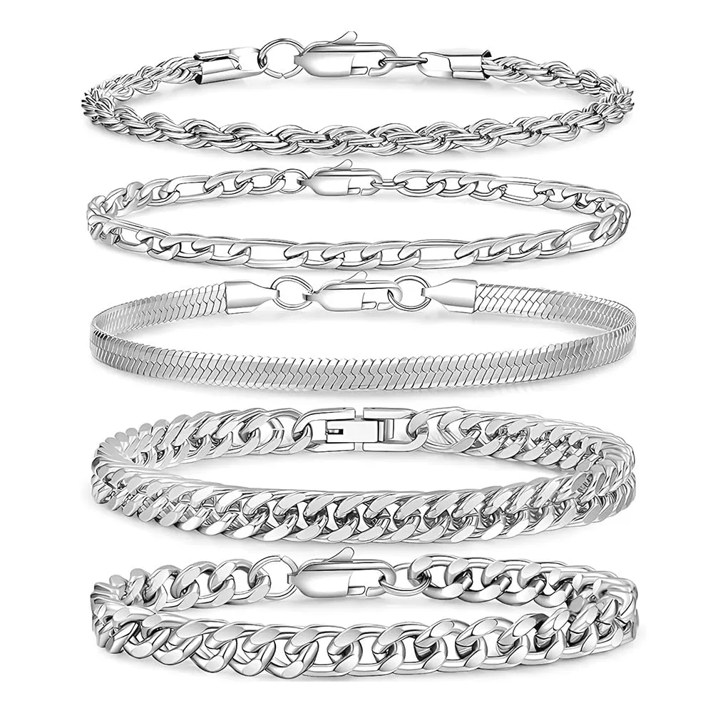 XFSRG Bracciale da uomo in argento 316L in acciaio inox cubano 5 Pezzi Robusto e Elegante Resistente Antiossidante Perfetto per Streetwear Casual Sovrapposizione di Accessori - immagine 1