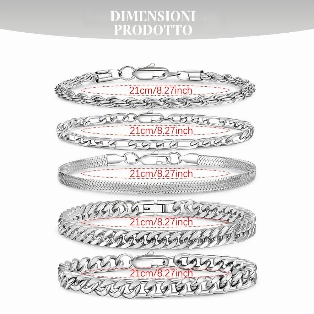 XFSRG Bracciale da uomo in argento 316L in acciaio inox cubano 5 Pezzi Robusto e Elegante Resistente Antiossidante Perfetto per Streetwear Casual Sovrapposizione di Accessori - immagine 2