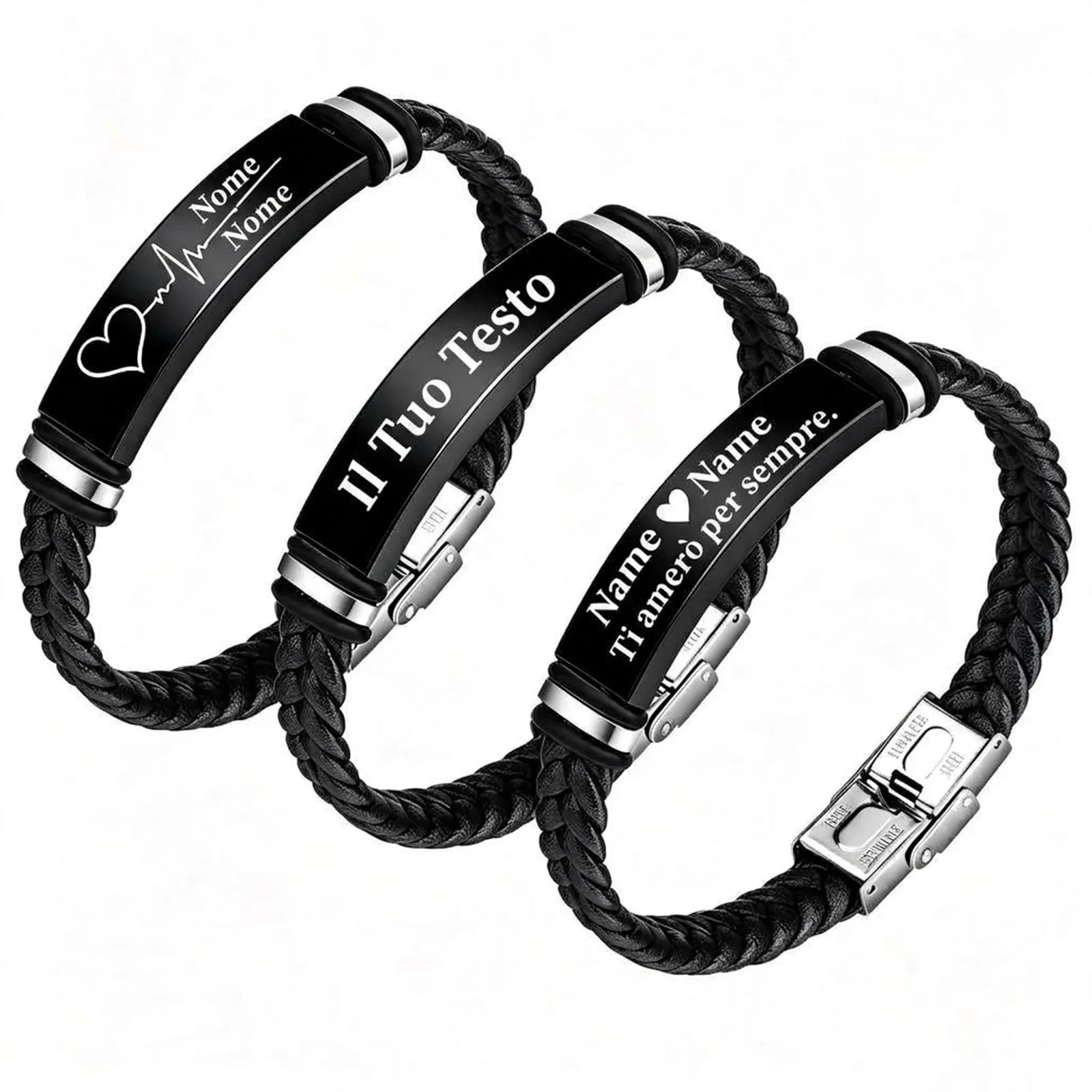 Bracciale Personalizzato Uomo, Bracciale in Pelle Inciso con Nome e Testo - immagine 1