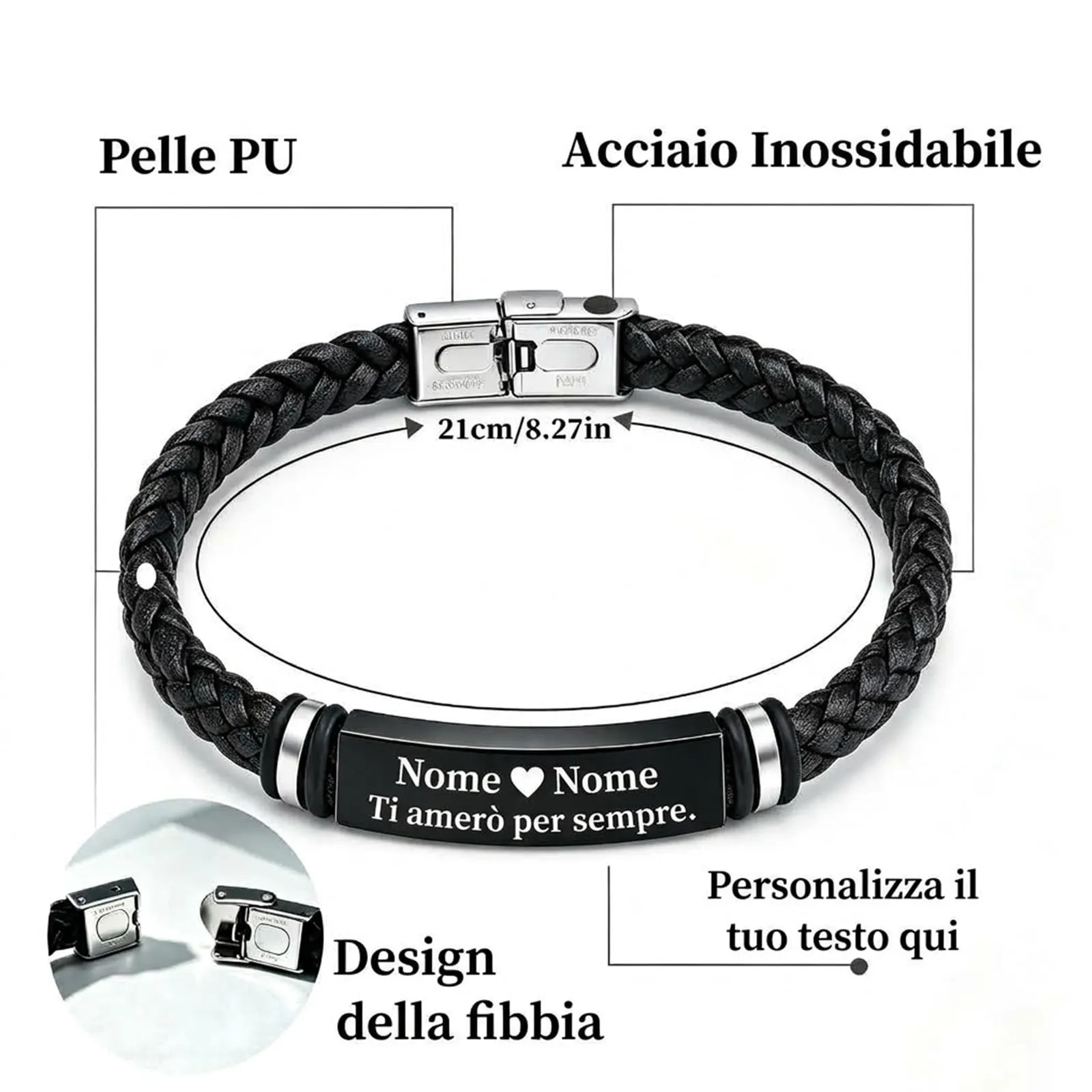 Bracciale Personalizzato Uomo, Bracciale in Pelle Inciso con Nome e Testo - immagine 3