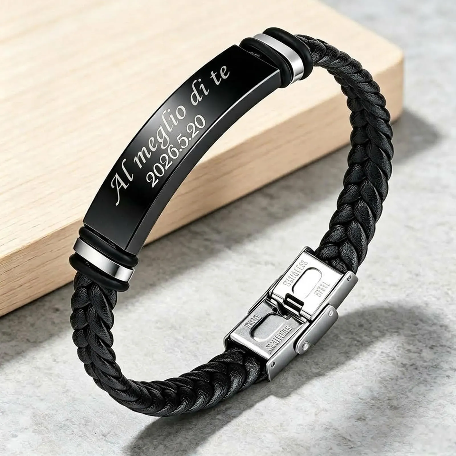 Bracciale Personalizzato Uomo, Bracciale in Pelle Inciso con Nome e Testo - immagine 4