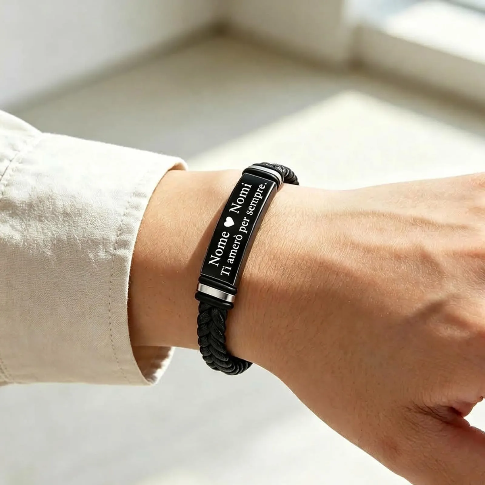 Bracciale Personalizzato Uomo, Bracciale in Pelle Inciso con Nome e Testo - immagine 5