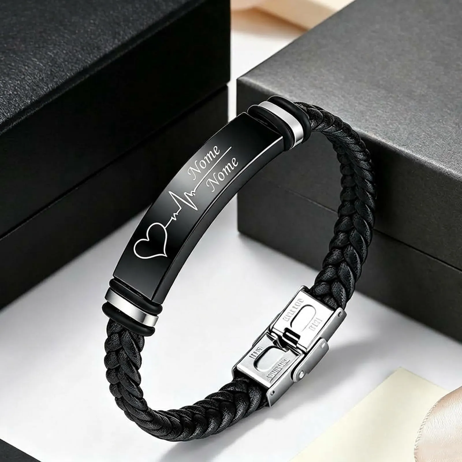 Bracciale Personalizzato Uomo, Bracciale in Pelle Inciso con Nome e Testo - immagine 7