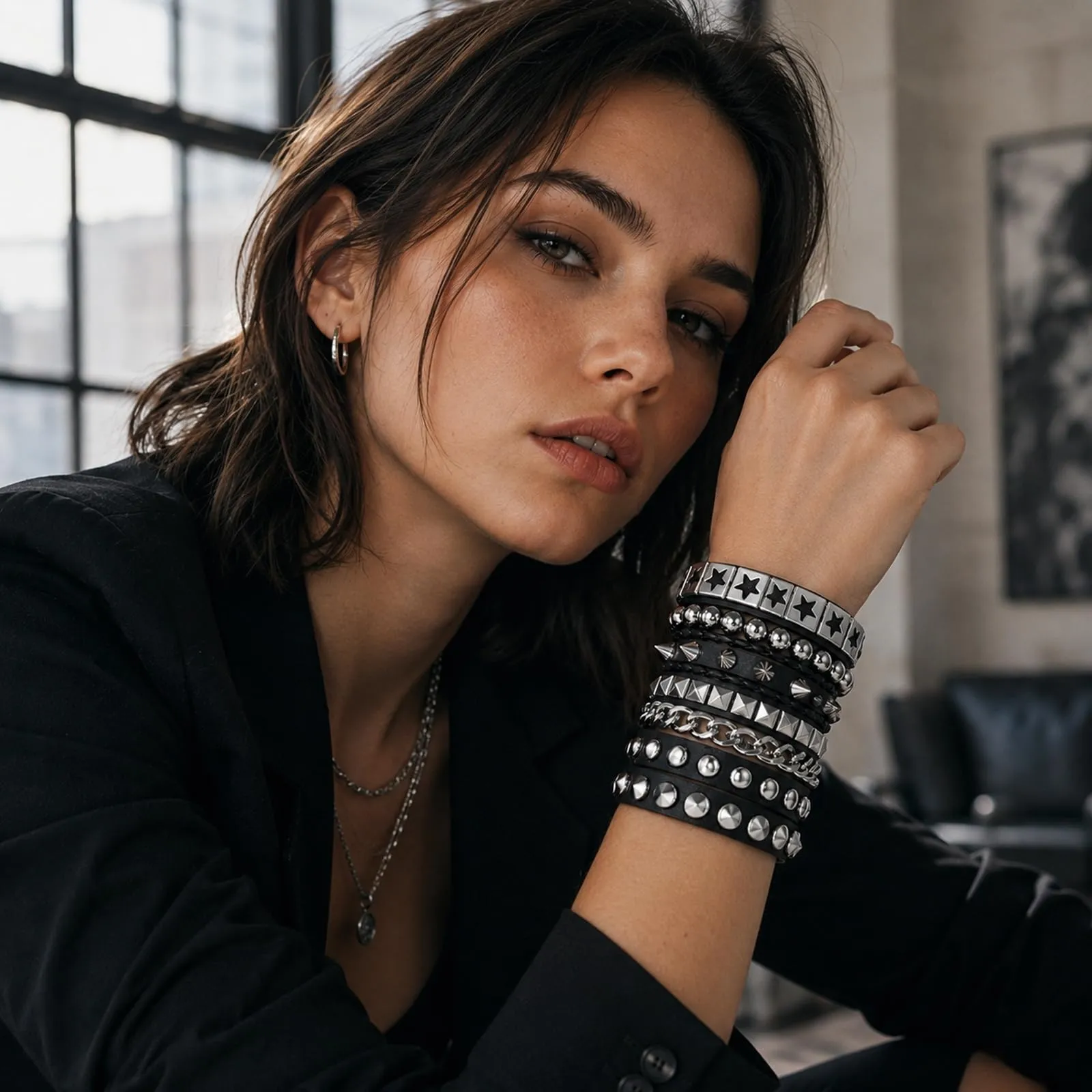 RAHHLIZS 4 braccialetti con borchie punk rock grunge accessori Alt - immagine 3