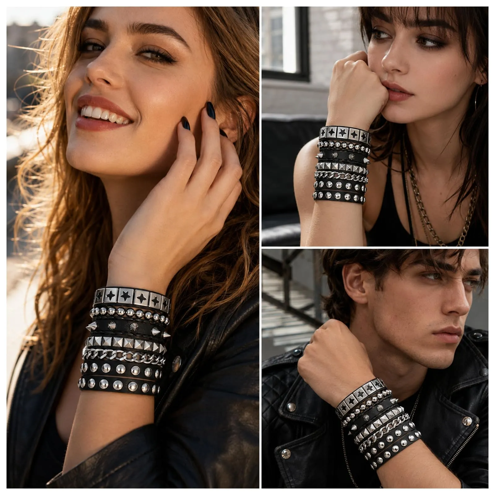 RAHHLIZS 4 braccialetti con borchie punk rock grunge accessori Alt - immagine 6