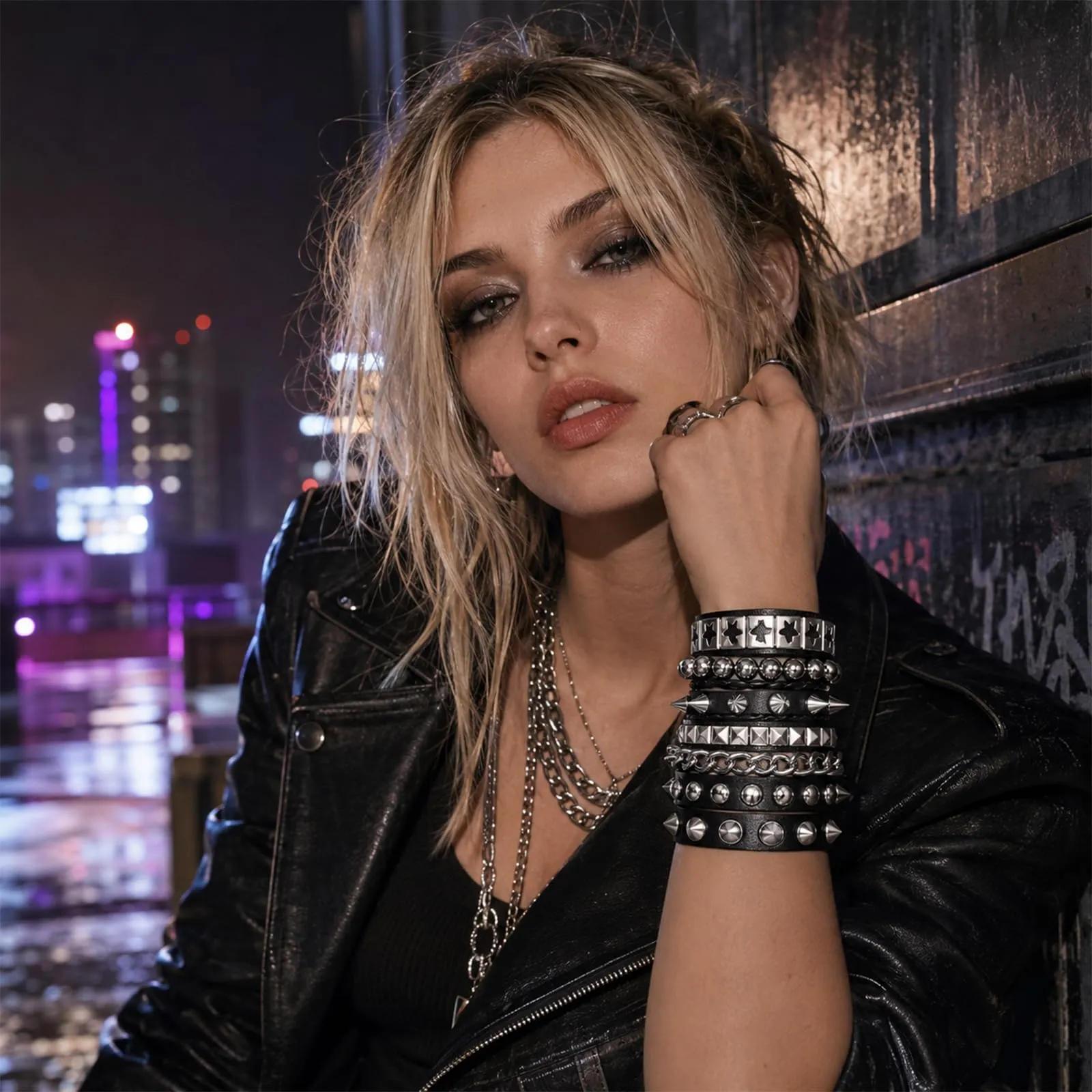 RAHHLIZS 4 braccialetti con borchie punk rock grunge accessori Alt - immagine 7