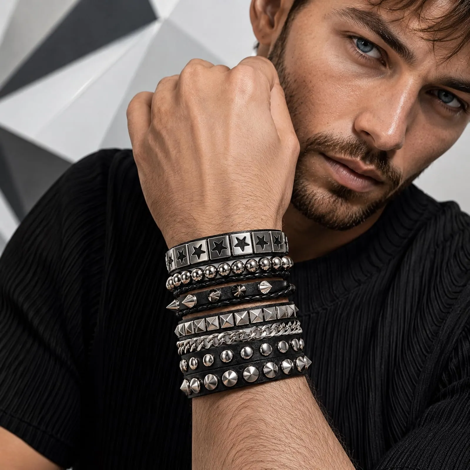 RAHHLIZS 4 braccialetti con borchie punk rock grunge accessori Alt - immagine 8