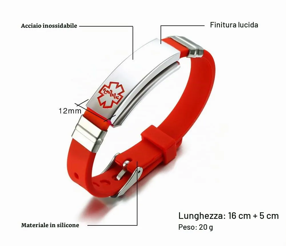 Vnox Braccialetto registrabile SOS per l'allarme medico silicone in acciaio inossidabile libero per gli uomini Donne Rosso - immagine 2