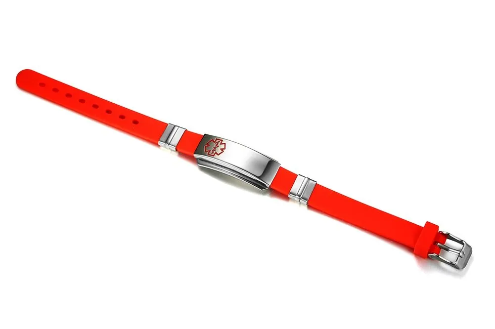Vnox Braccialetto registrabile SOS per l'allarme medico silicone in acciaio inossidabile libero per gli uomini Donne Rosso - immagine 3